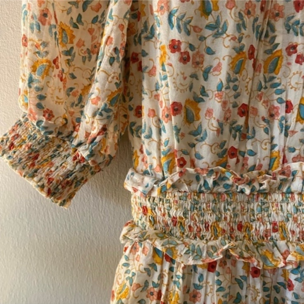 Cleobella Dallas Yellow Floral Print Open Smock Back Tasseled Mini Dress size M - Picture 8 of 9